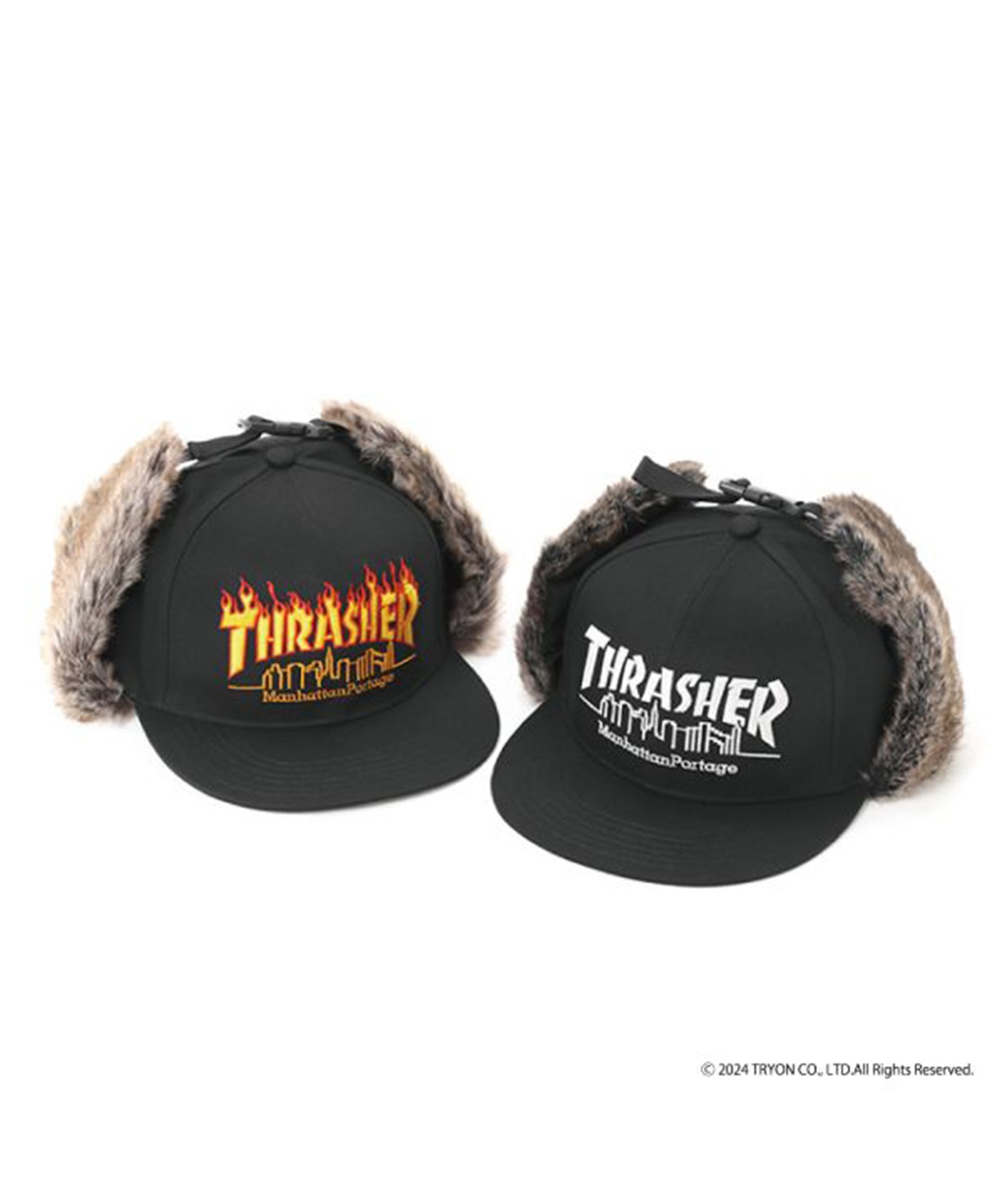 Manhattan Portage マンハッタンポーテージ × THRASHER スラッシャー コラボ キャップ 帽子 ドッグイヤー イヤーフラップ Ear Flap Cap MP264(BK/BK-FREE)