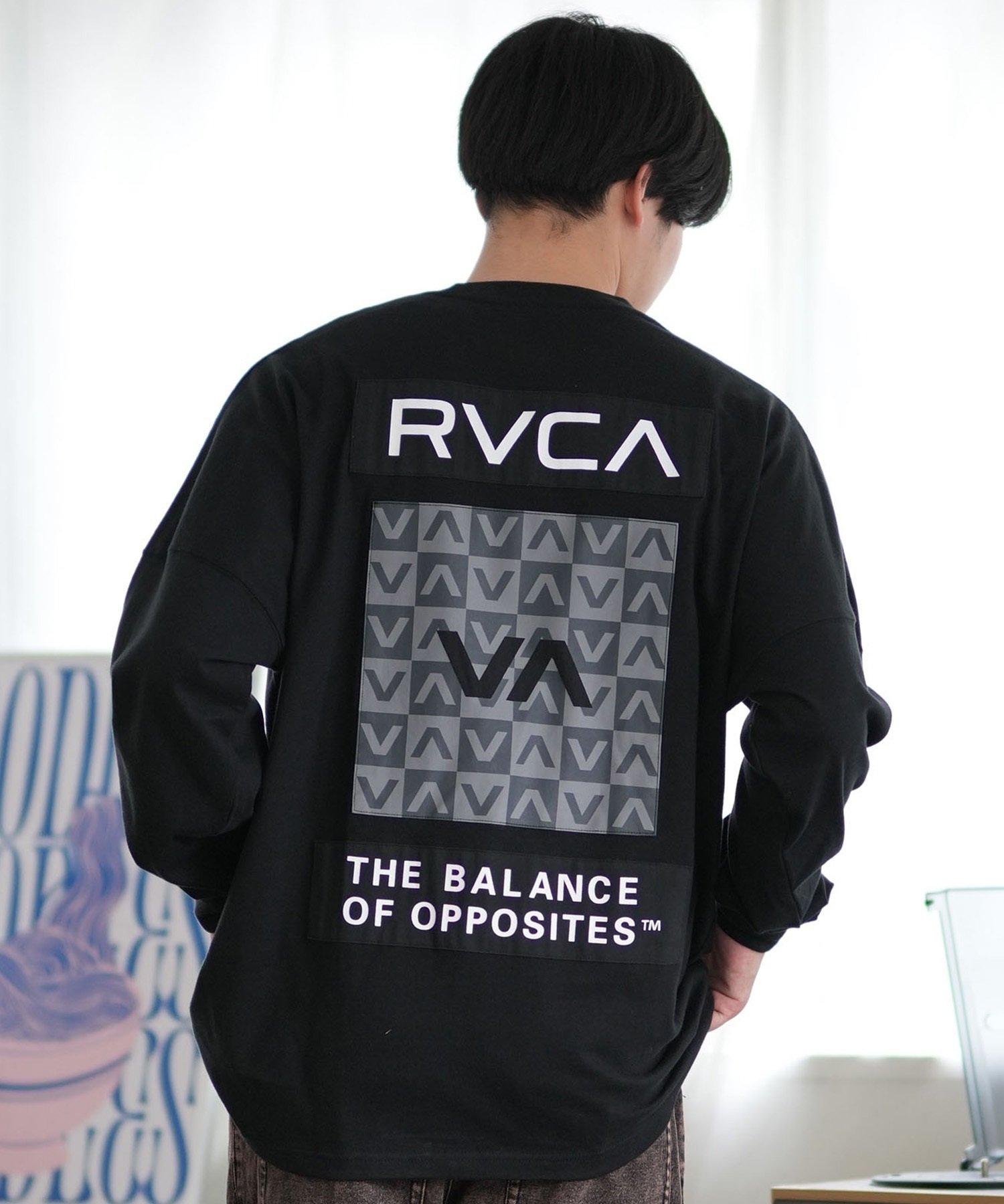 RVCA ルーカ 長袖 Tシャツ メンズ ロンT バックプリント チェッカー柄 ルーズシルエット BE042-060(BLK-S)