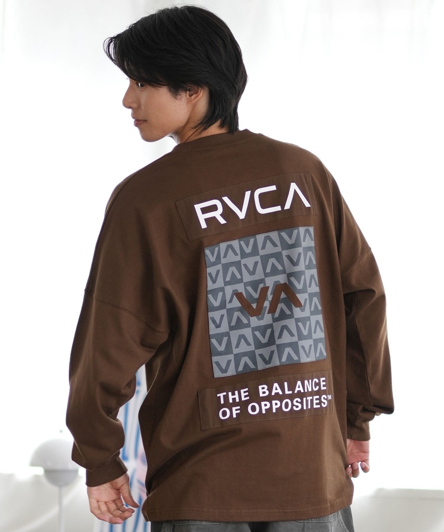 RVCA ルーカ 長袖 Tシャツ メンズ ロンT バックプリント チェッカー柄 ルーズシルエット BE042-060(BLK-S)