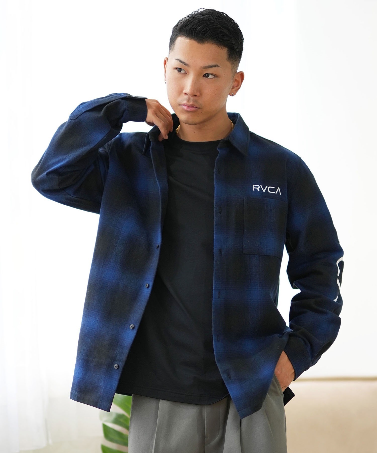 RVCA ルーカ 長袖 シャツ メンズ チェック ルーズシルエット XXXX SHIRTS ムラサキスポーツ限定 BE042-P12(BLU-S)