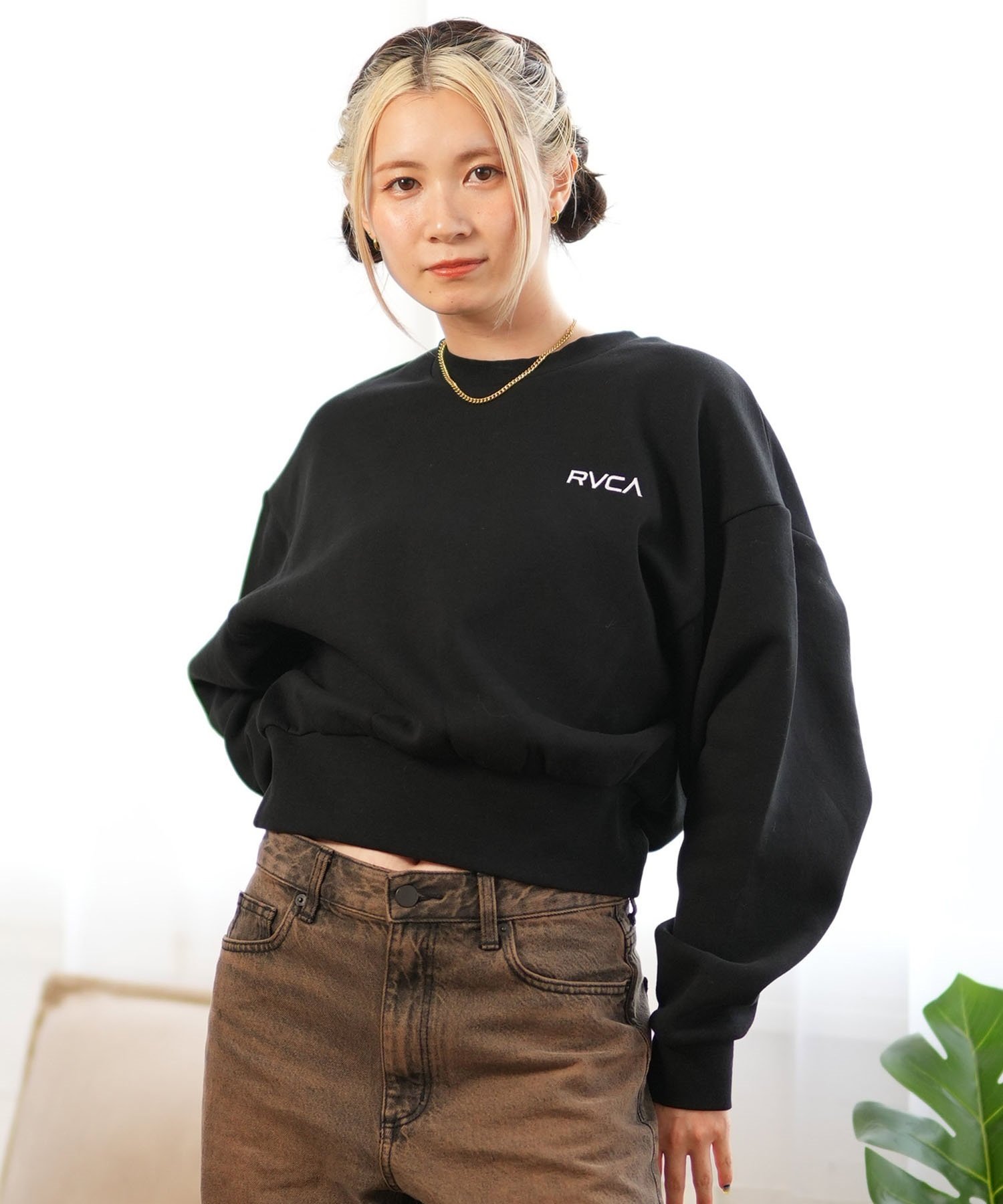 RVCA ルーカ トレーナー レディース クロップド丈 バックプリント スウェット チェック柄 ムラサキスポーツ限定 BE044-P02(GRY-S)