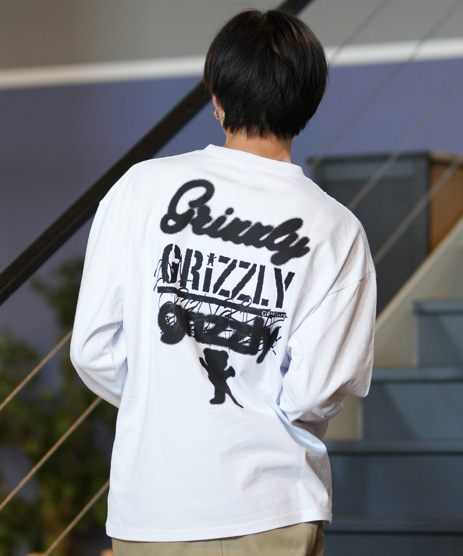 GRIZZLY グリズリー 長袖 Tシャツ メンズ ロンT バックプリント リラックスフィット 24G3402(WHT-M)