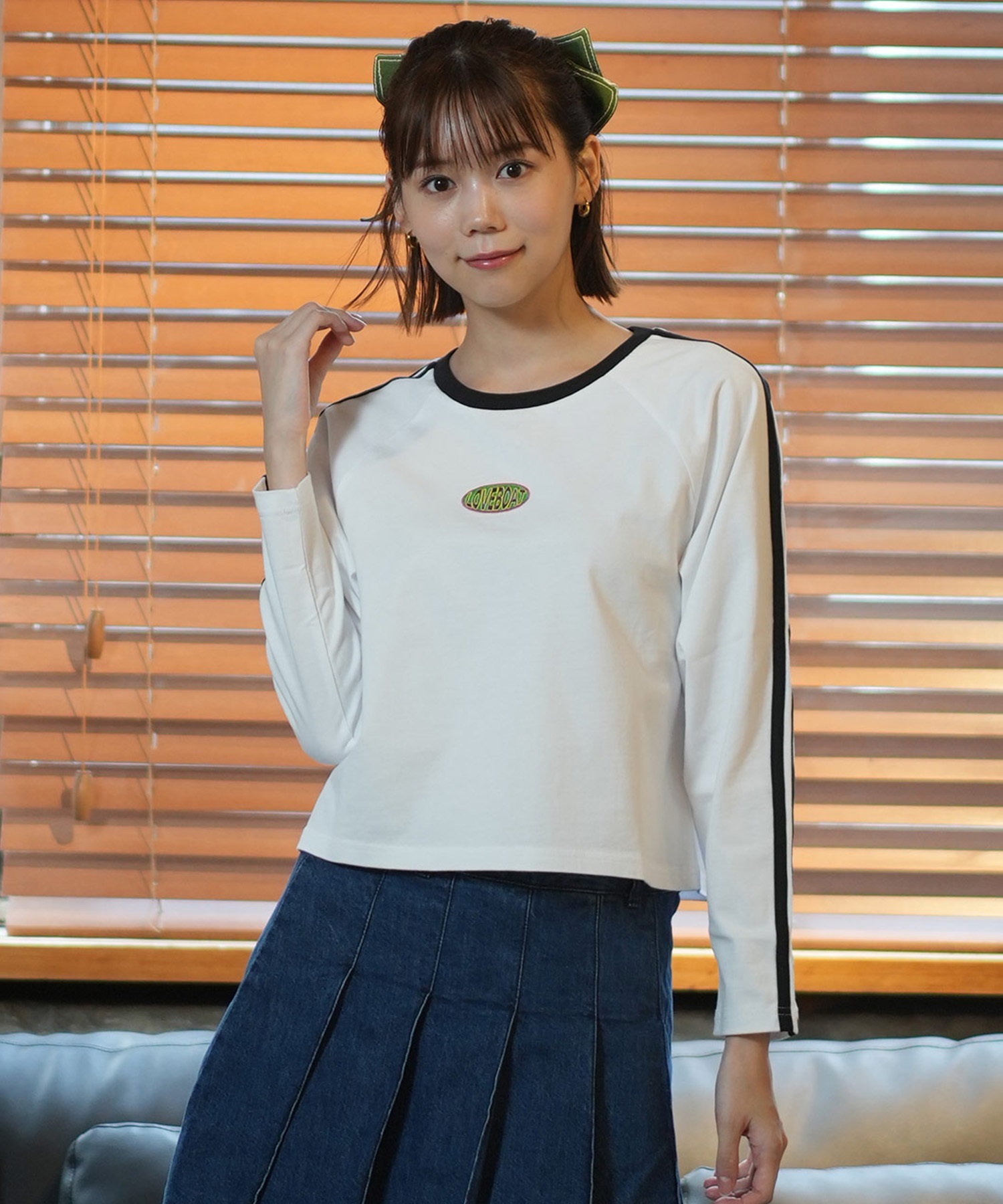 LOVE BOATラブボート 長袖 Tシャツ レディース ロンT ショート丈 ワンポイント ロゴ 袖ライン LB-LST10(WH-M)