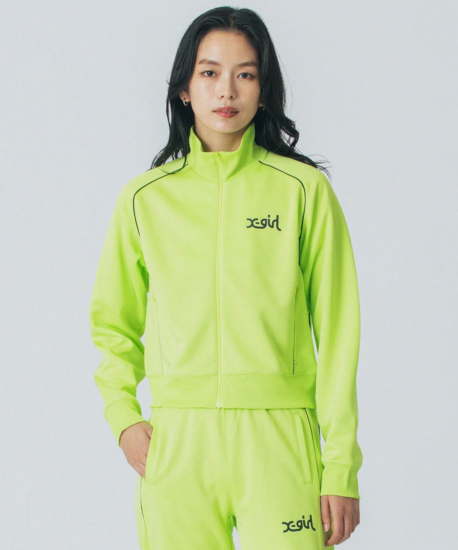 X-girl SPORTSエックスガールスポーツ アウター レディース トラックジャケット ショート丈 吸水速乾 UVカット SHORT TRACK JACKET 155251021004(LIME-M)