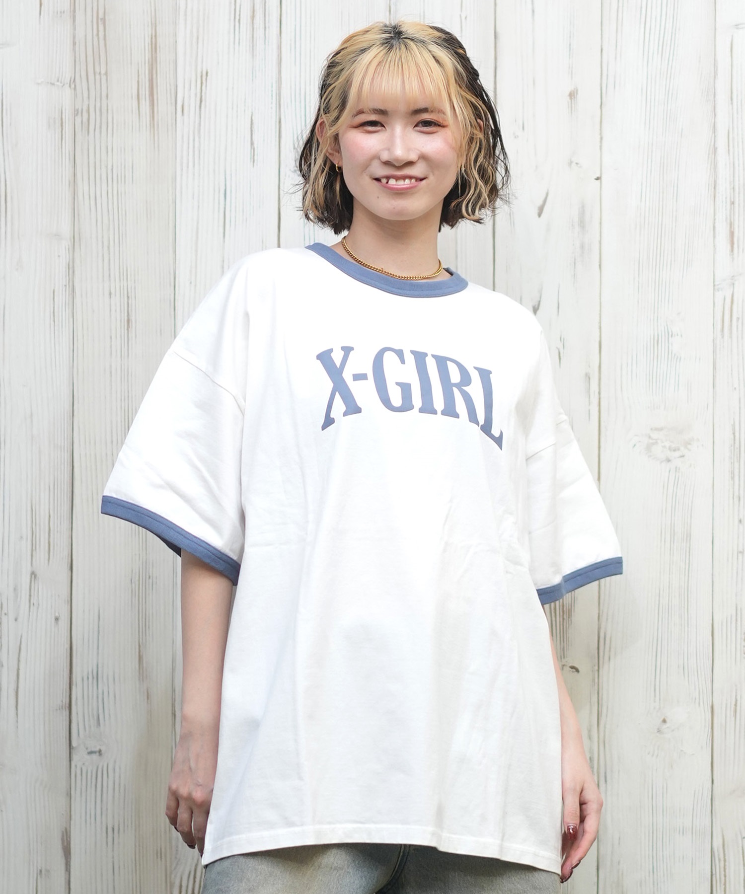 X-girl エックスガール 半袖 Tシャツ レディース リンガーシャツ フロントロゴ オーバーサイズ ARCH LOGO S S RINGER BIG TEE 105251011027(BLACK-S)