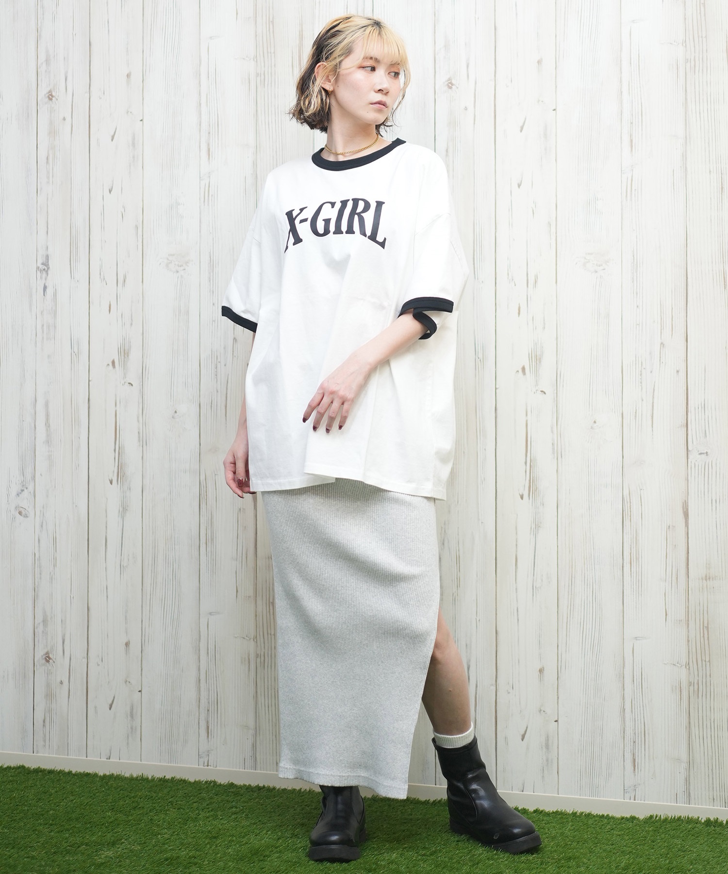 X-girl エックスガール 半袖 Tシャツ レディース リンガーシャツ フロントロゴ オーバーサイズ ARCH LOGO S S RINGER BIG TEE 105251011027(BLACK-S)