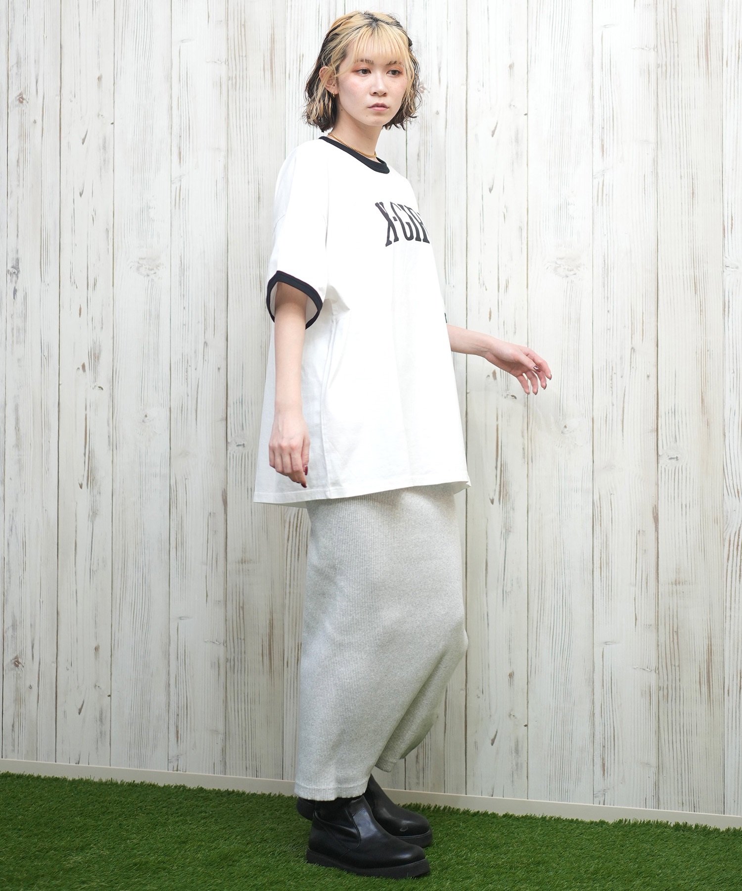 X-girl エックスガール 半袖 Tシャツ レディース リンガーシャツ フロントロゴ オーバーサイズ ARCH LOGO S S RINGER BIG TEE 105251011027(BLACK-S)