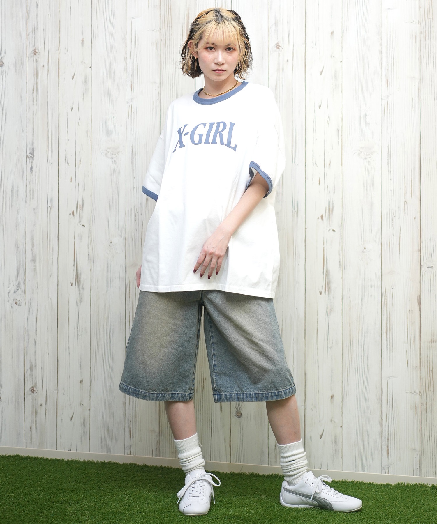 X-girl エックスガール 半袖 Tシャツ レディース リンガーシャツ フロントロゴ オーバーサイズ ARCH LOGO S S RINGER BIG TEE 105251011027(BLACK-S)