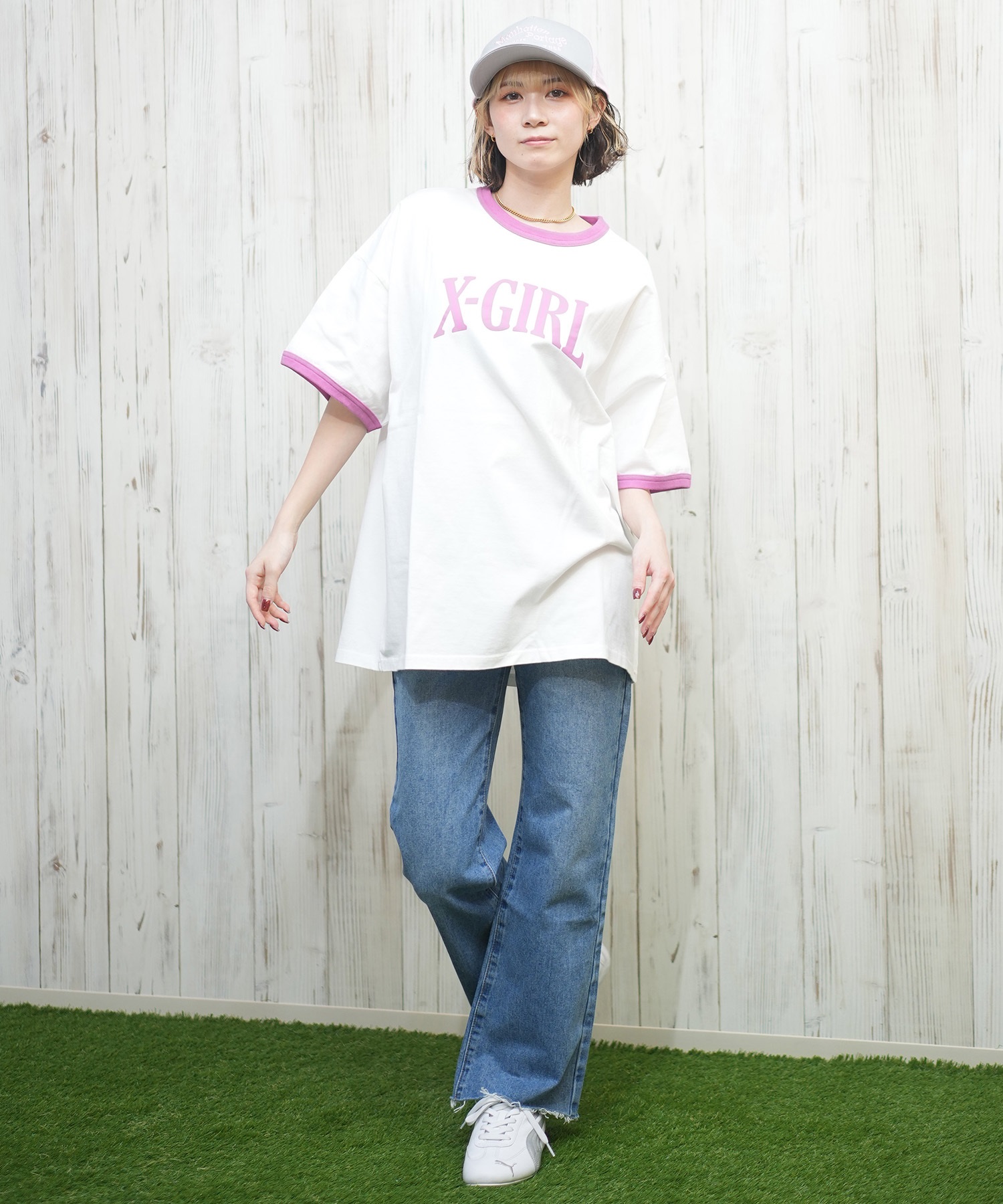 X-girl エックスガール 半袖 Tシャツ レディース リンガーシャツ フロントロゴ オーバーサイズ ARCH LOGO S S RINGER BIG TEE 105251011027(BLACK-S)