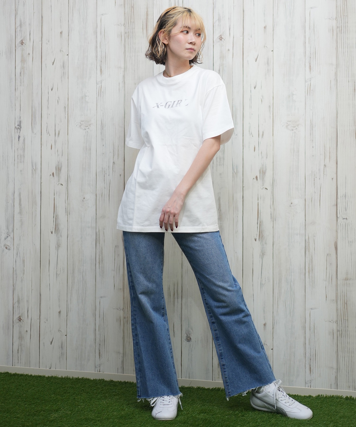 X-girl エックスガール 半袖 Tシャツ レディース バックプリント LEOPARD OVAL LOGO S S TEE 105251011029(WHITE-M)