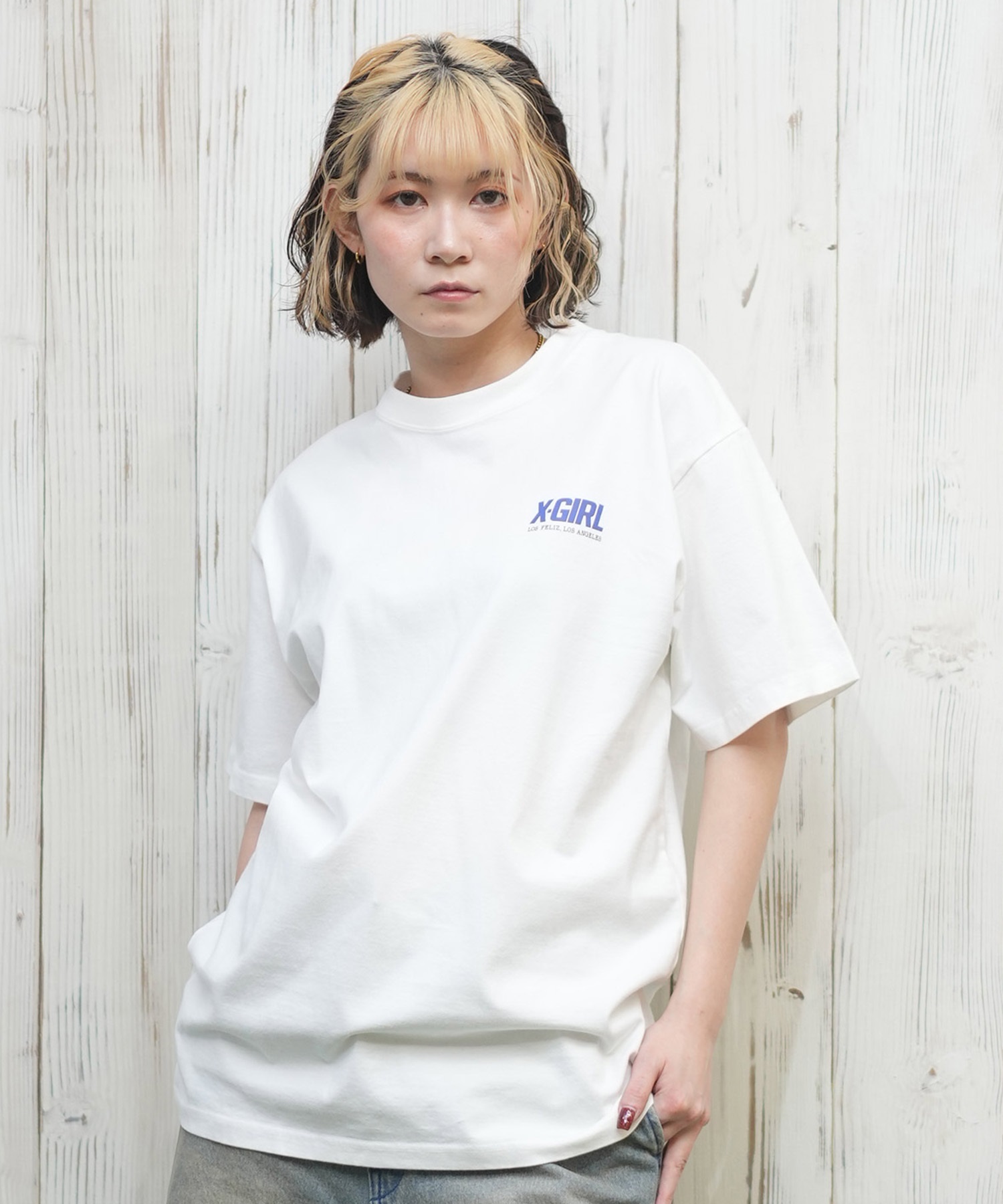 X-girl エックスガール 半袖 Tシャツ レディース 3連ロゴ バックプリント TRIPLE LOGO S S TEE 105251011032(WHITE-M)