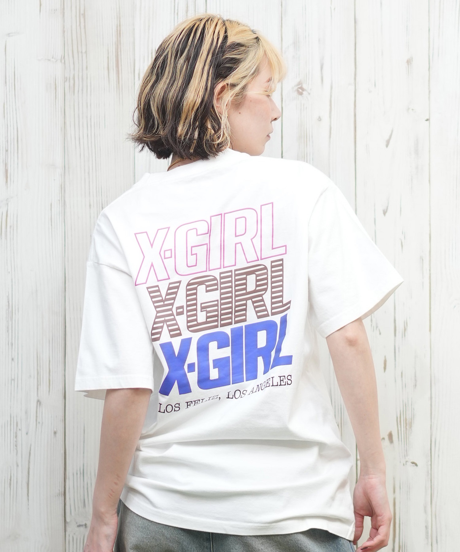 X-girl エックスガール 半袖 Tシャツ レディース 3連ロゴ バックプリント TRIPLE LOGO S S TEE 105251011032(WHITE-M)