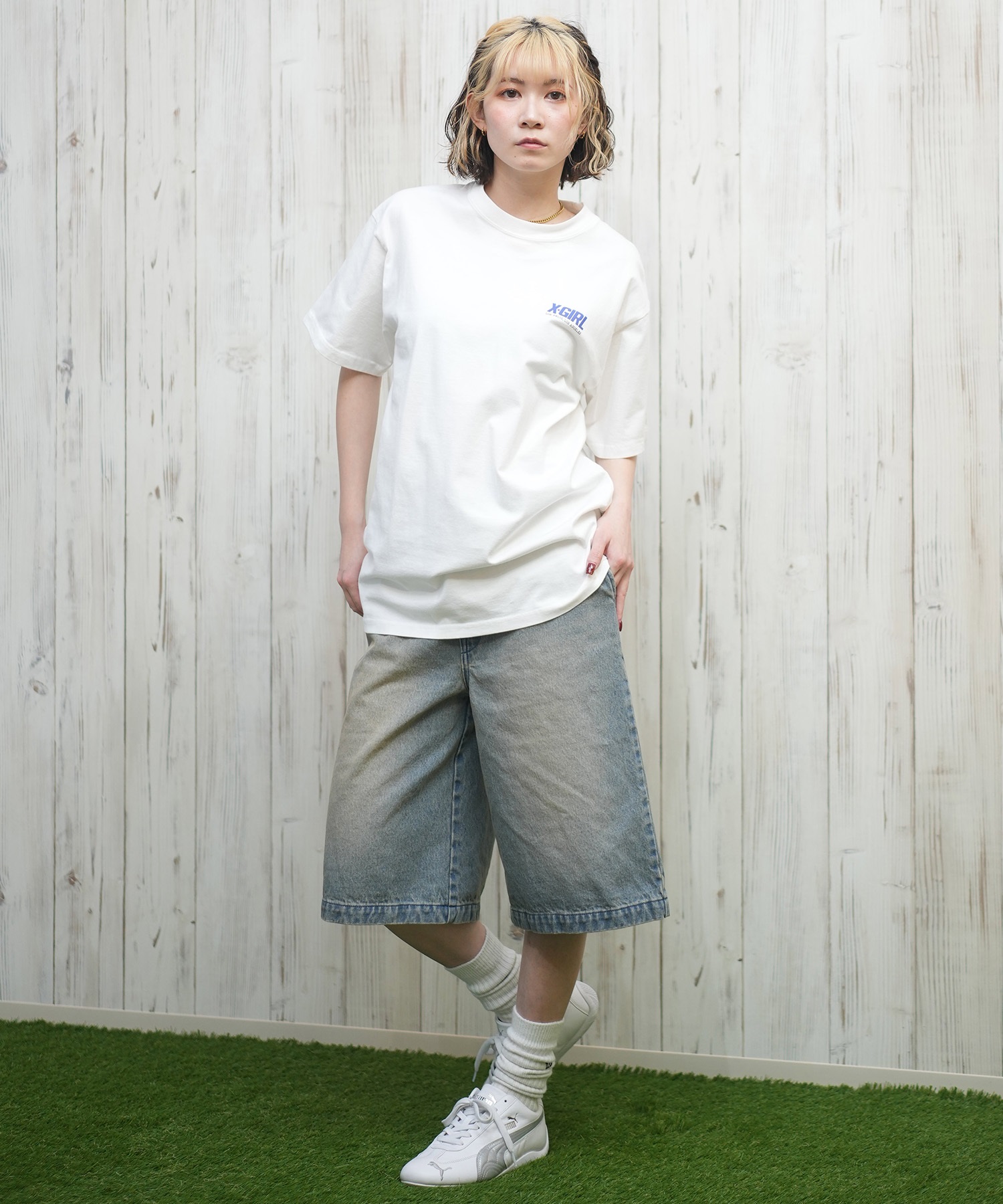 X-girl エックスガール 半袖 Tシャツ レディース 3連ロゴ バックプリント TRIPLE LOGO S S TEE 105251011032(WHITE-M)