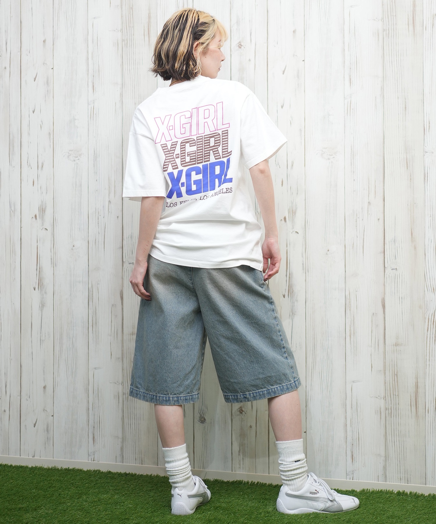 X-girl エックスガール 半袖 Tシャツ レディース 3連ロゴ バックプリント TRIPLE LOGO S S TEE 105251011032(WHITE-M)