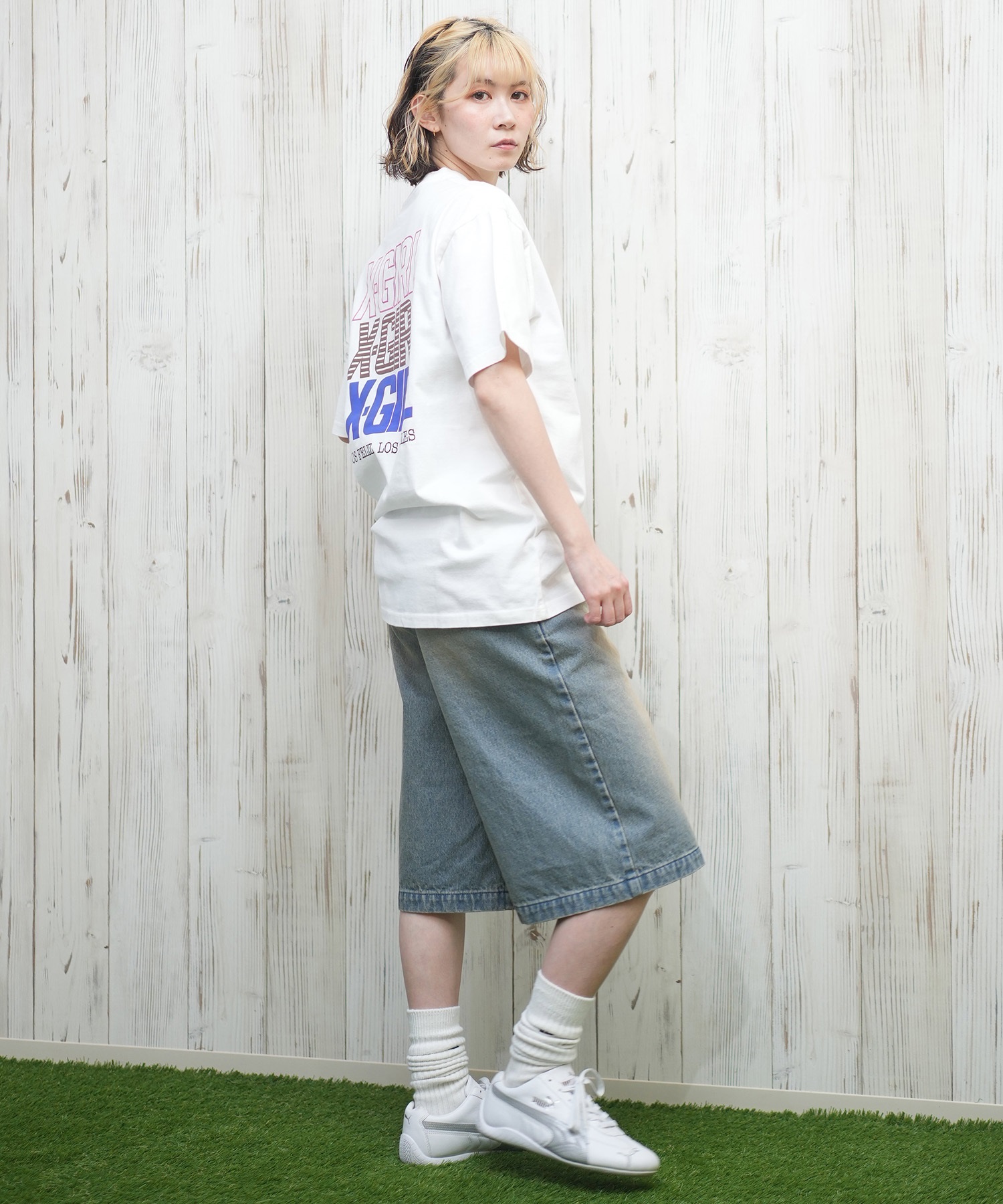 X-girl エックスガール 半袖 Tシャツ レディース 3連ロゴ バックプリント TRIPLE LOGO S S TEE 105251011032(WHITE-M)