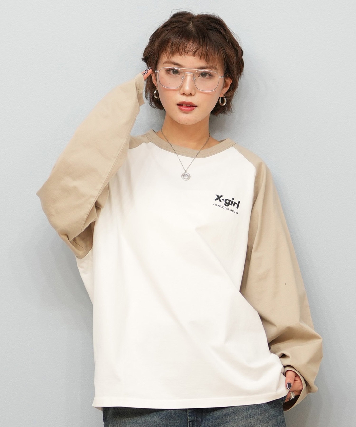 X-girl エックスガール 長袖 Tシャツ レディース ロンT ラグラン バックプリント オーバーサイズ ANML TRPL LG BB BIG TEE 105251011026(BLACK-S)