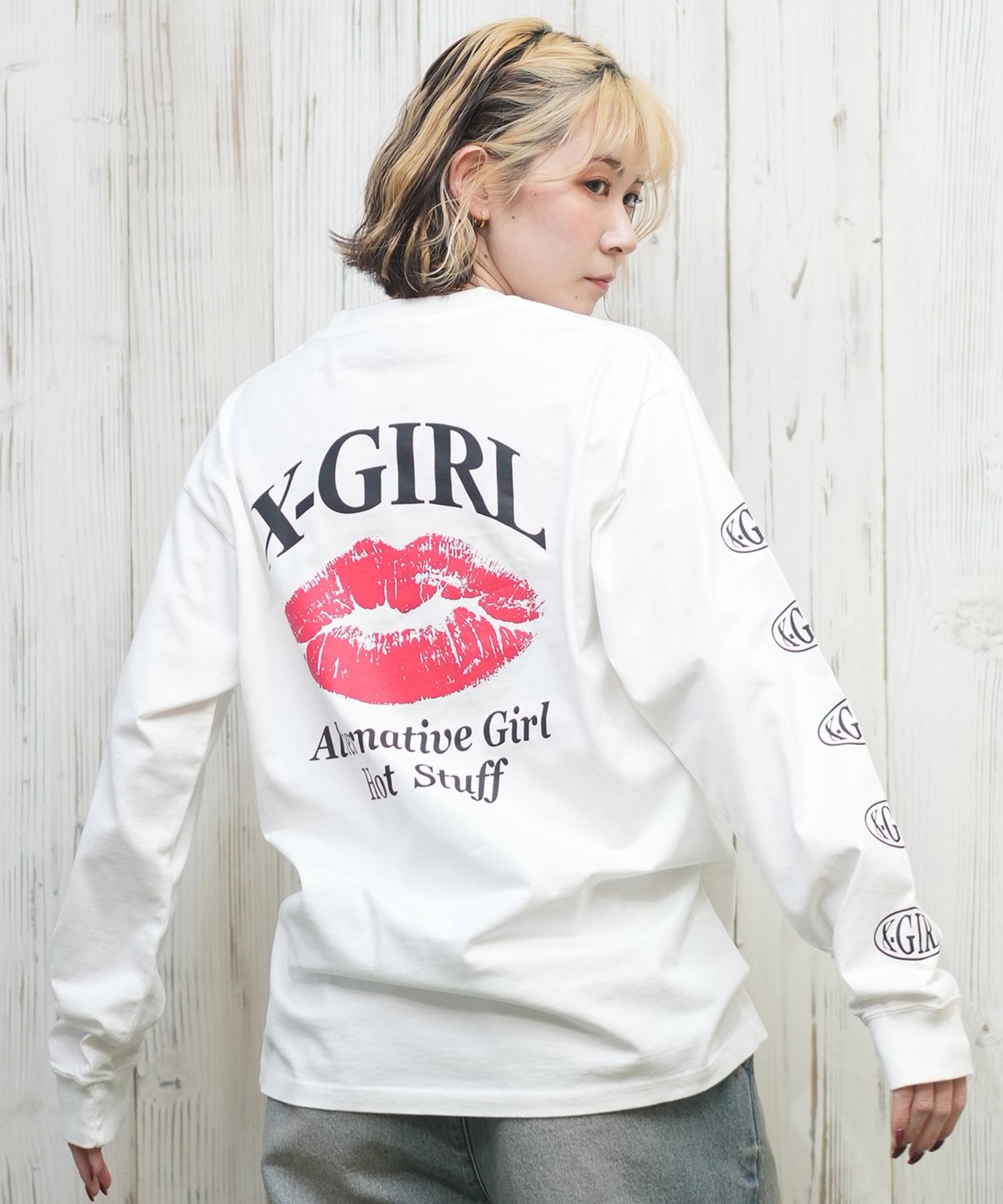 X-girl エックスガール 長袖 Tシャツ レディース ロンT 袖ロゴ バックプリント LIP L S TEE 105251011030(WHITE-M)