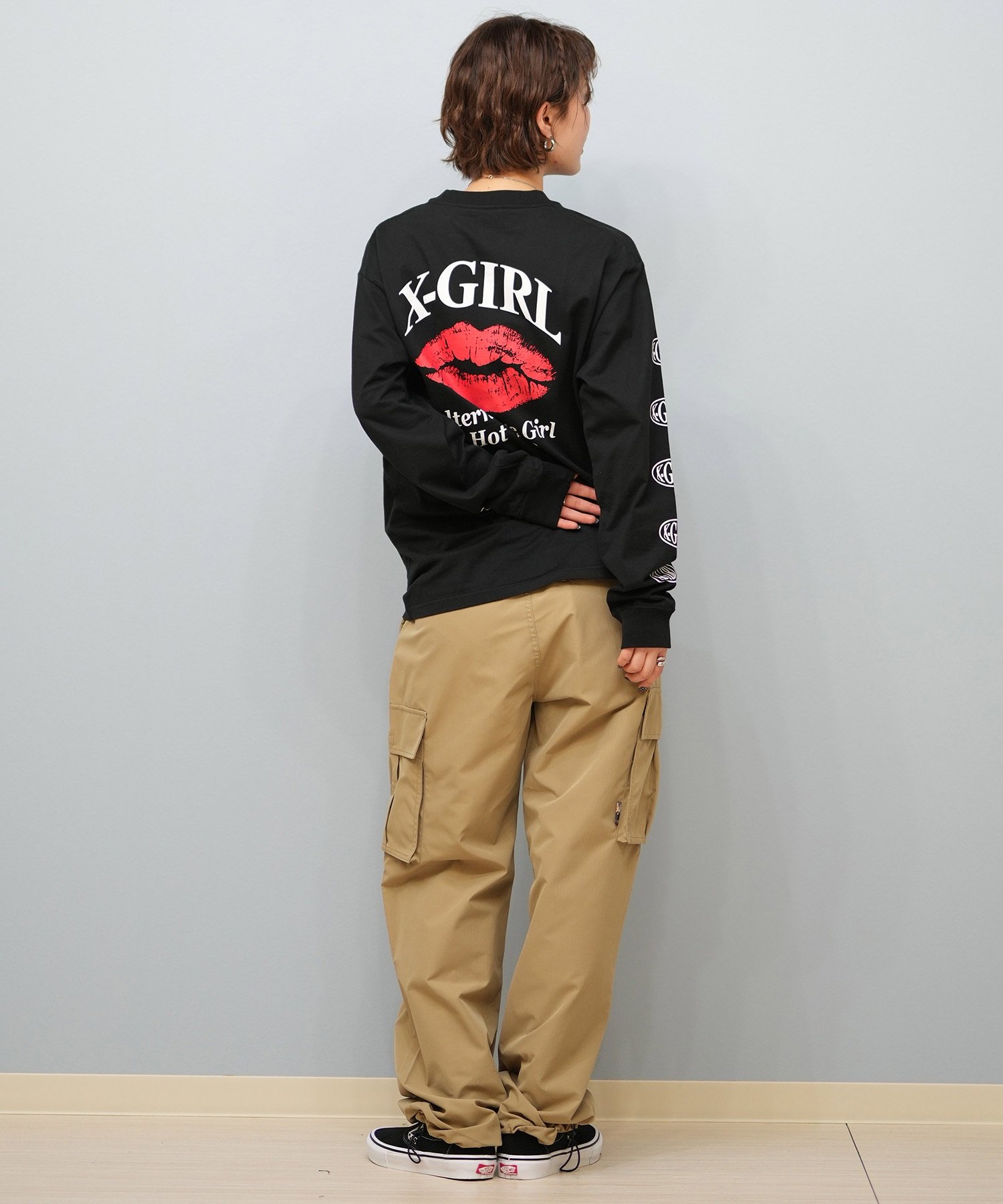 X-girl エックスガール 長袖 Tシャツ レディース ロンT 袖ロゴ バックプリント LIP L S TEE 105251011030(WHITE-M)